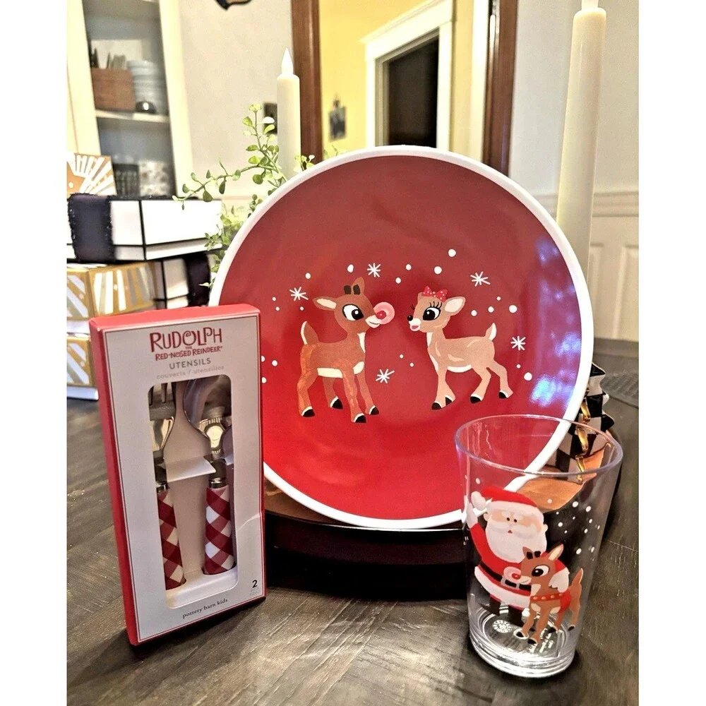 Pottery Barn Rudolph holiday Santa Christmas UTENSIL Plaid party School kid SET
